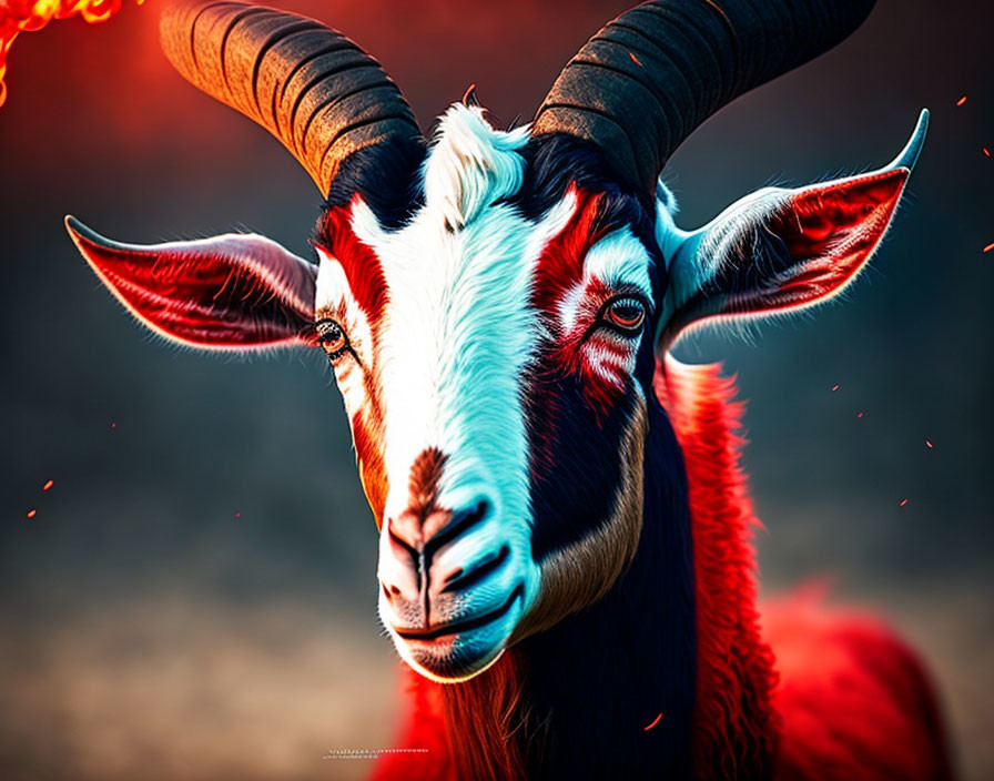 Goat with Prominent Horns and Striking Red and White Fur