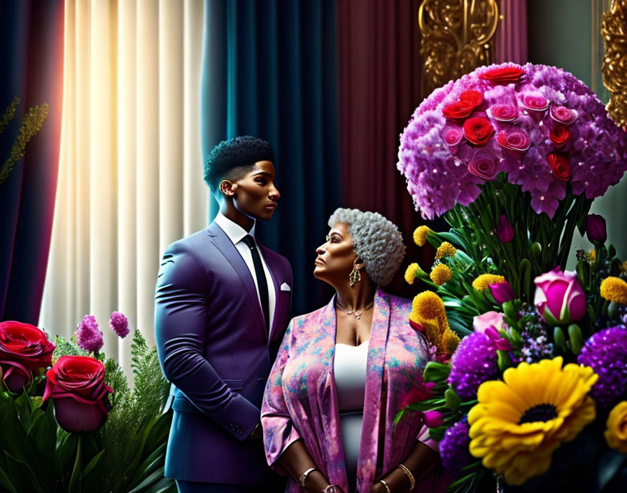 Young man in blue suit gazes at older woman with gray hair amidst colorful flowers.