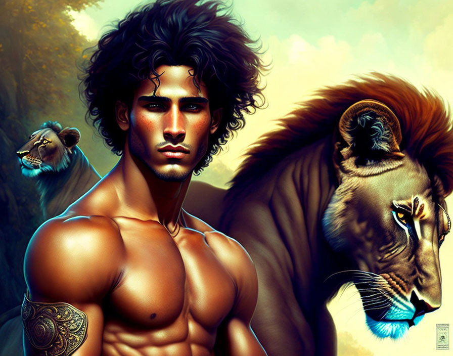 Muscular man with lions in misty wilderness setting