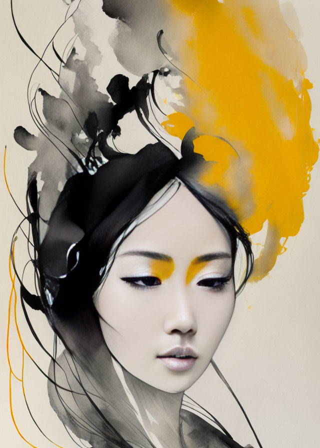 Portrait of Woman with Yellow Eyeshadow and Abstract Watercolor Hair