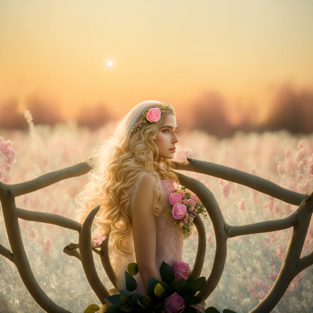 Blonde woman with floral headpiece in dreamy field at sunset