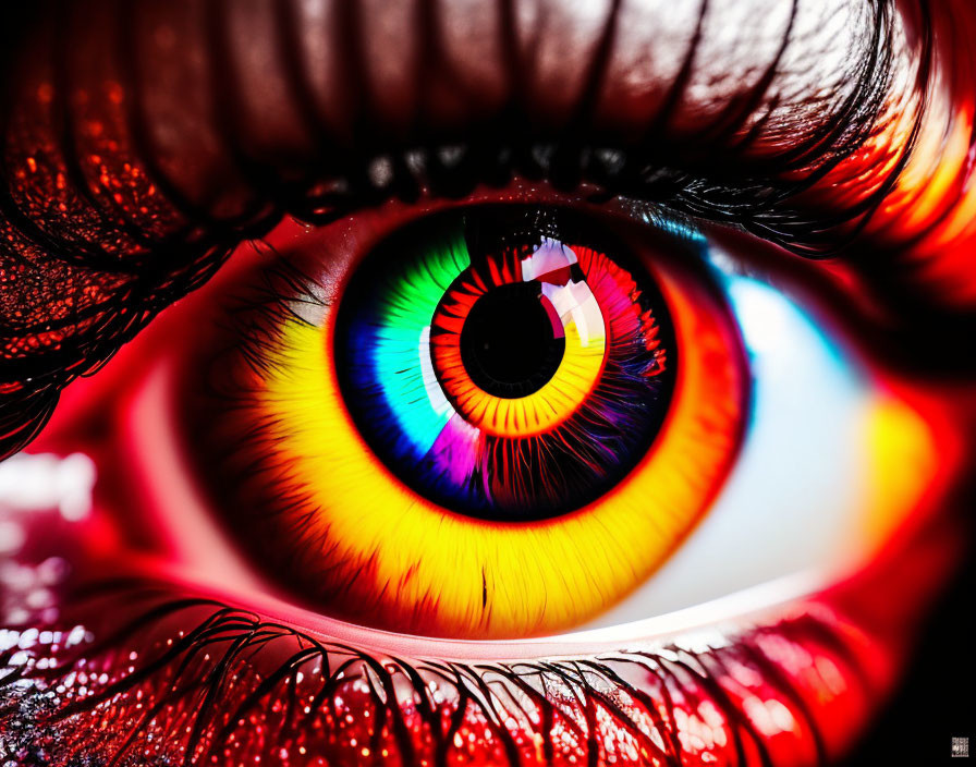 Detailed close-up of a human eye with rainbow-colored iris and dark eyelashes