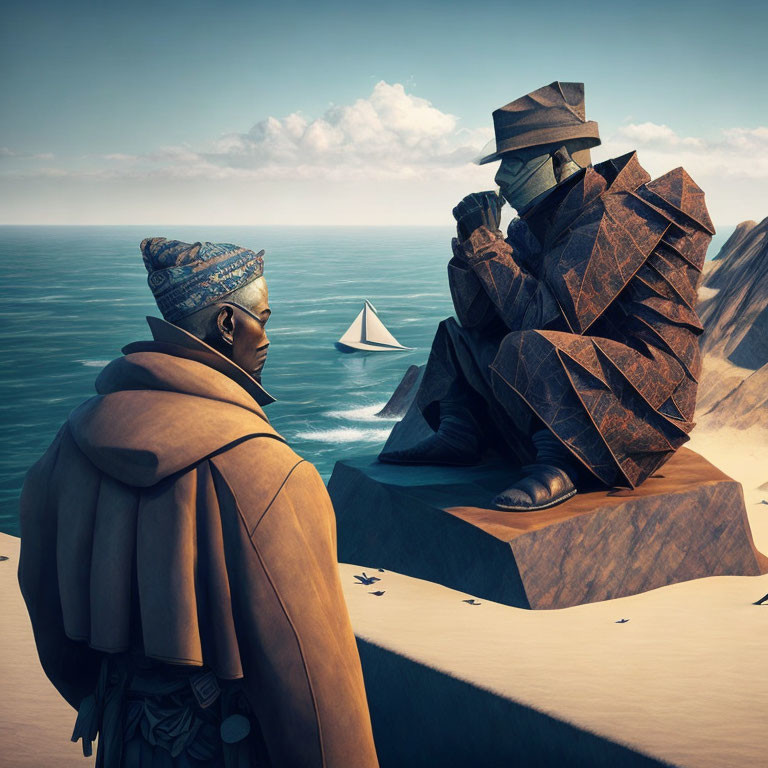 Cloaked figure by rocky sculpture overlooking sea