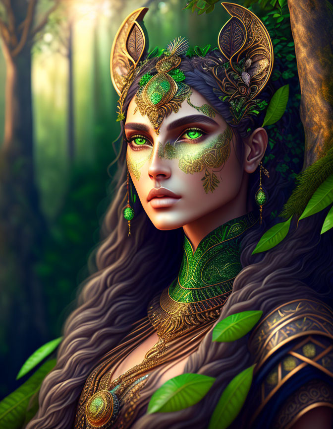 Digital artwork: Mythical woman with elf-like ears, ornate golden-green headgear, facial tattoos