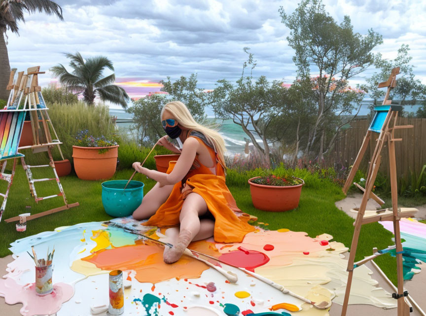 Person in Orange Dress with Blue Mask Surrounded by Paint Splashes and Beach Backdrop