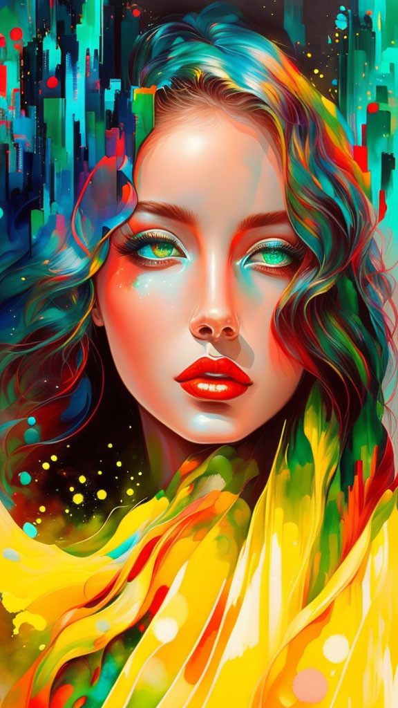 Colorful digital artwork: Woman with flowing hair in abstract cityscape.