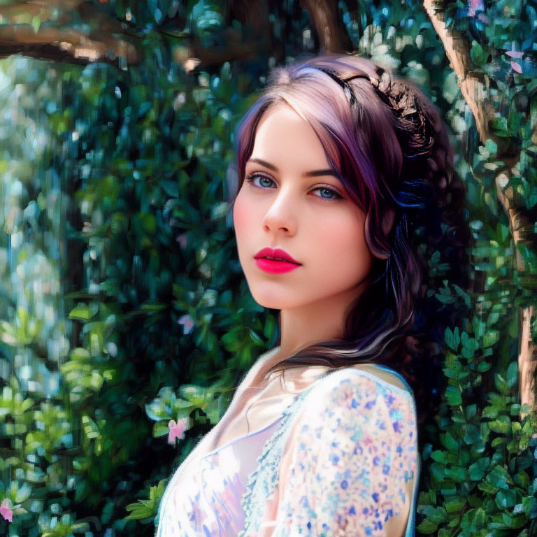 Woman with Blue Eyes and Braided Hair in Lush Garden