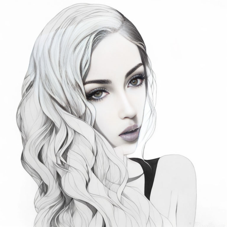 Detailed illustration of woman with voluminous wavy white hair and striking dark eyes against white background