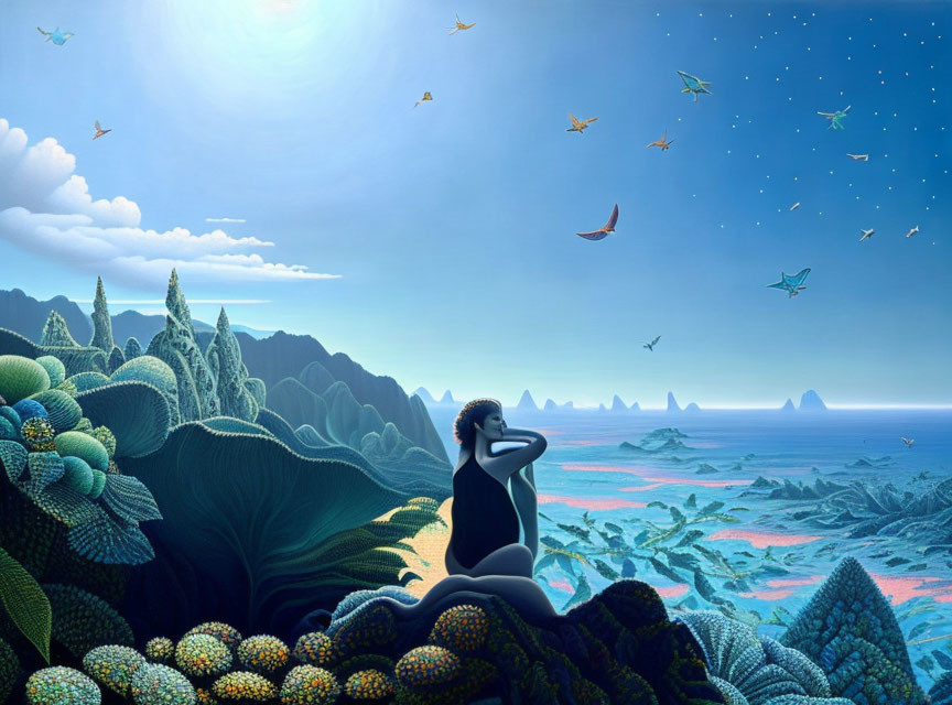 Surreal landscape featuring woman, vibrant flora, birds, sea, starry sky.