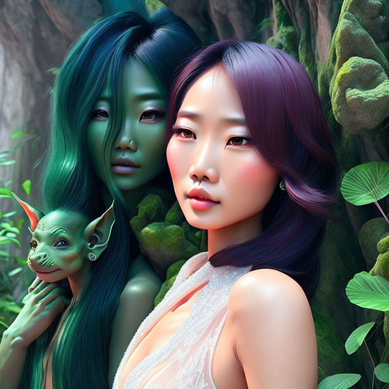 Colorful-haired women with elf in fantastical forest