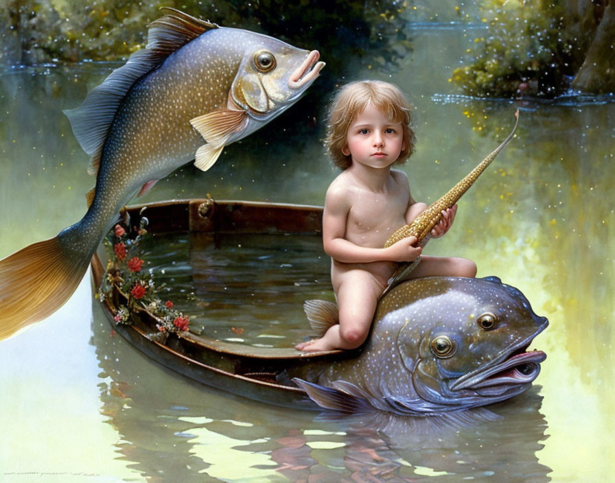 Child in small boat surrounded by whimsical fish in tranquil pond