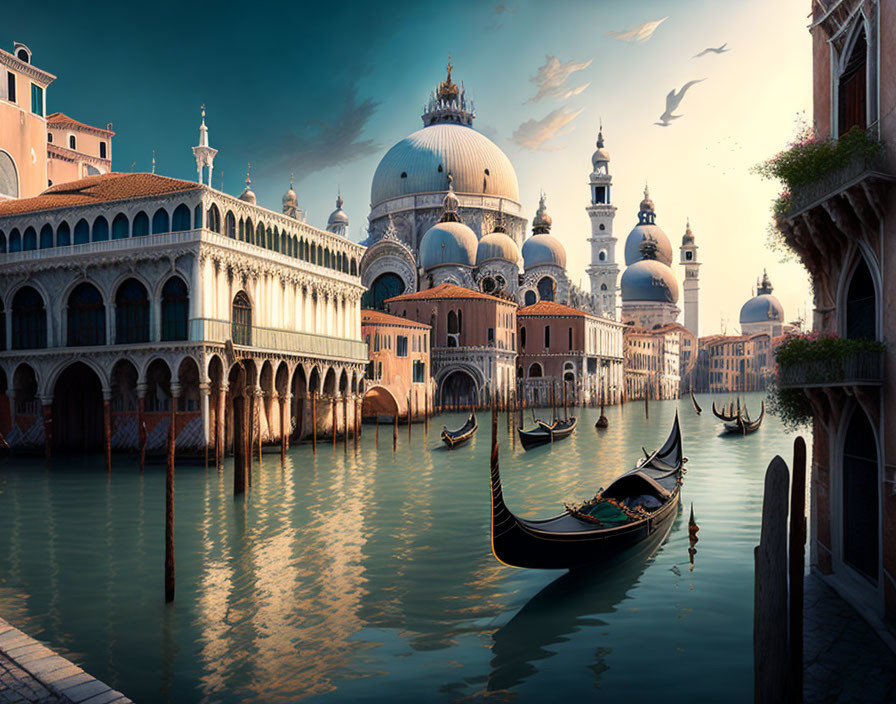 Venice skyline with gondolas, domed architecture, and flying birds