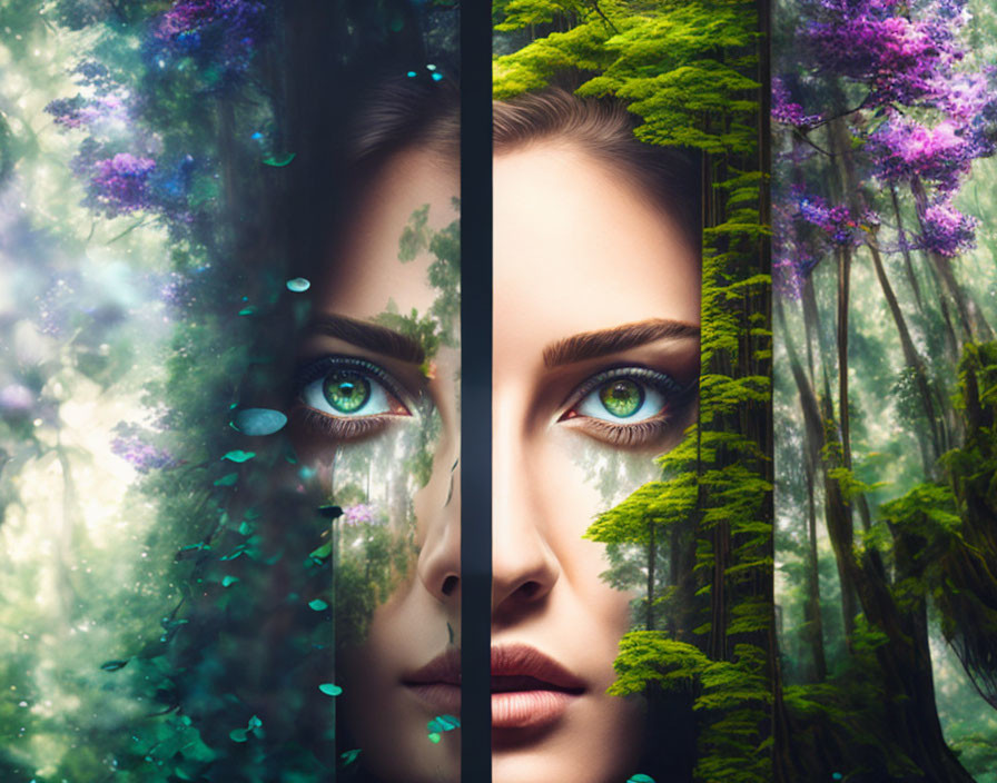 Split-image of woman's face merged with lush forest scene, featuring striking blue eyes.