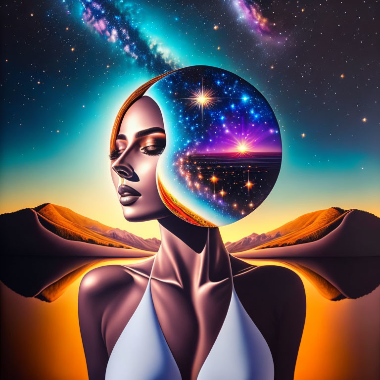 Surreal cosmic portrait of a woman in oval frame against desert and starry sky