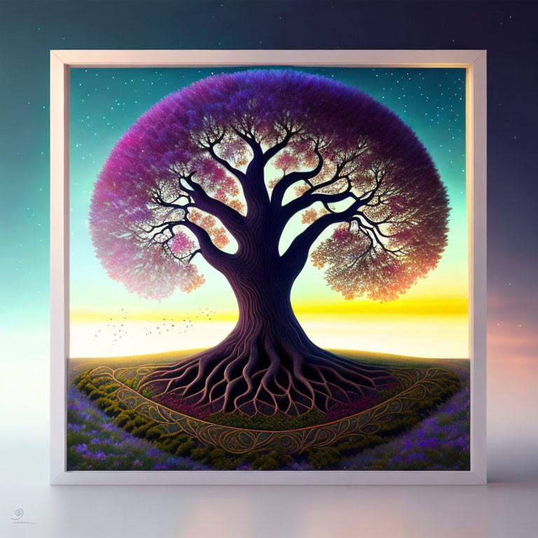 Majestic tree digital artwork with vibrant purple and pink canopy