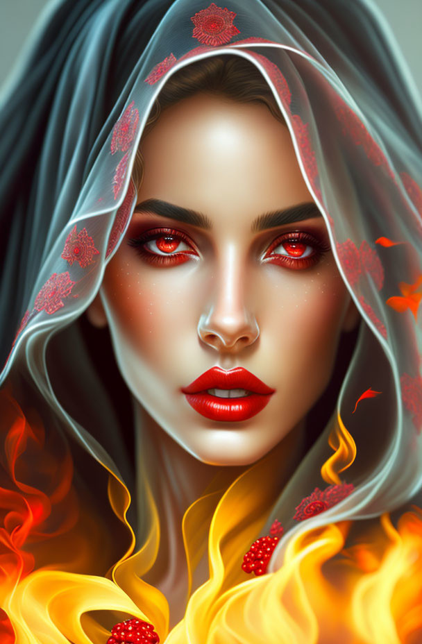 Digital Artwork: Woman with Red Eyes, Floral Veil, and Fiery Background