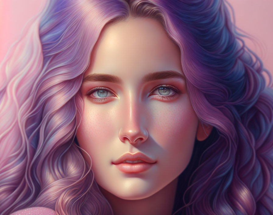 Digital artwork: Woman with lilac curly hair, blue eyes, fair skin, freckles under