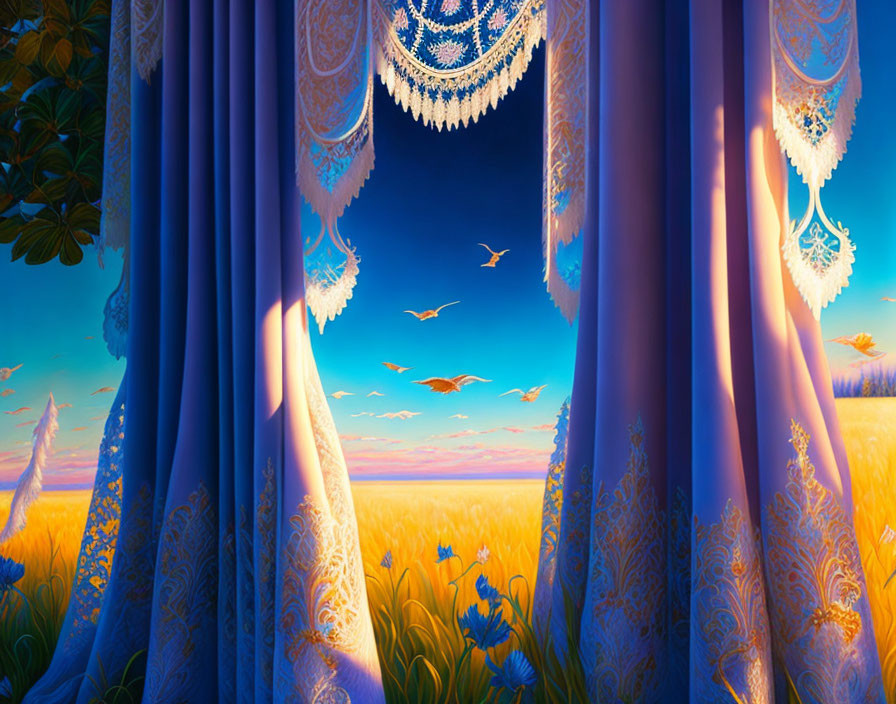 Ornate blue curtains open to serene field at dawn or dusk