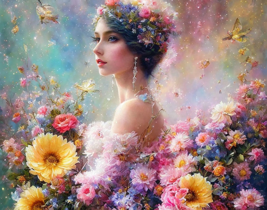 Woman with Floral Hat Surrounded by Flowers and Butterflies