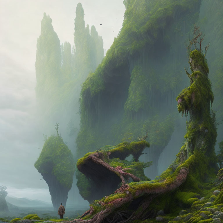 Mystical forest scene with floating islands and lone figure