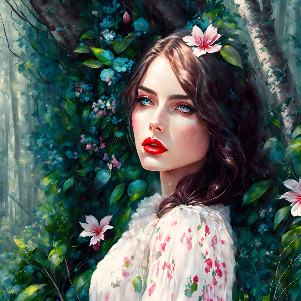 Portrait of a woman with red lips, blue eyes, surrounded by greenery and pink flowers