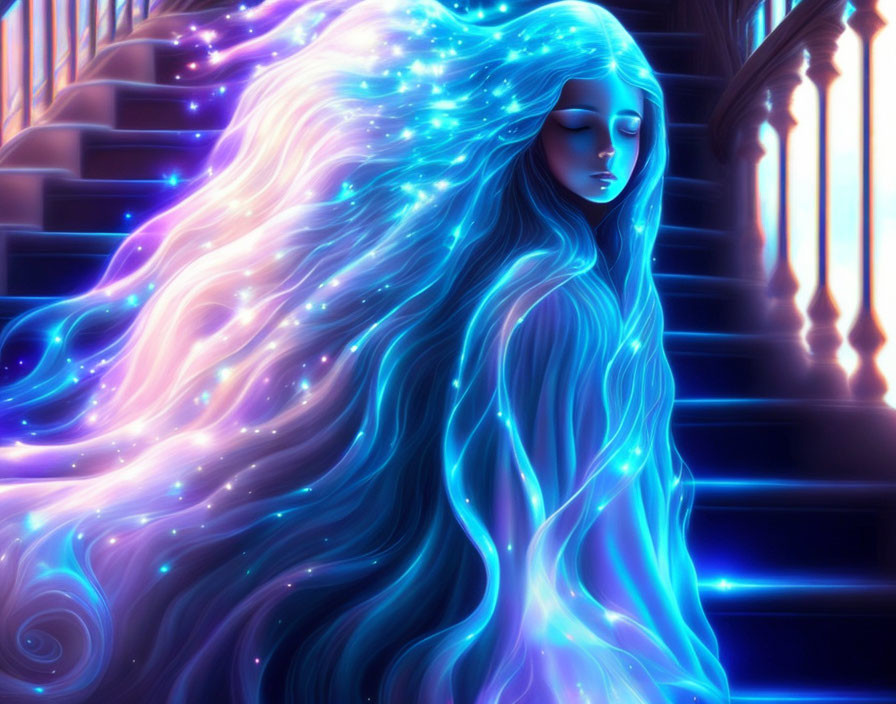 Ethereal woman with galaxy-like hair on celestial staircase