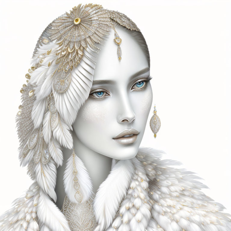 Digital artwork: Woman with feather-like details, gold adornments, blue eyes on white background