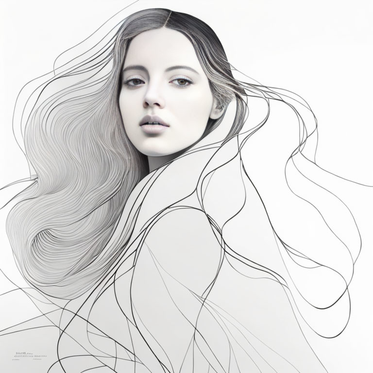 Monochrome surreal artwork of woman with flowing hair intertwined with abstract lines