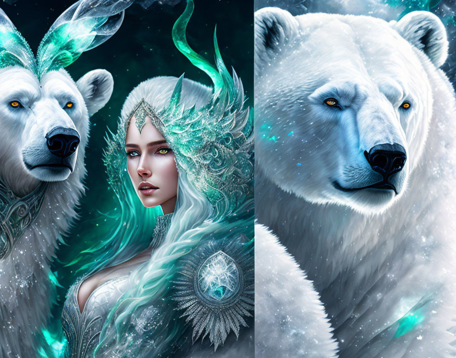 Fantasy image of woman with white hair and polar bear in snowy landscape