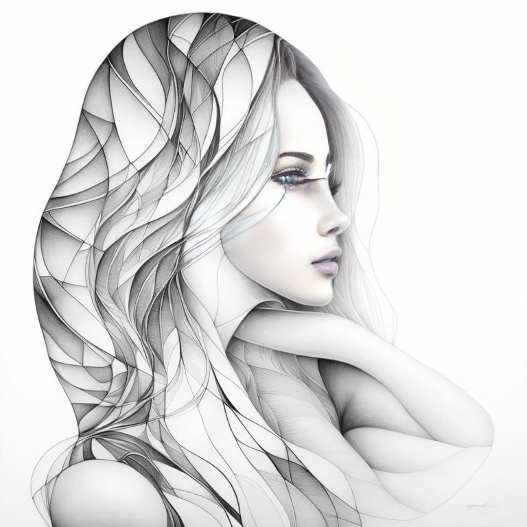 Monochromatic pencil drawing of a contemplative woman with flowing hair