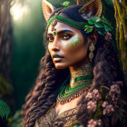 Digital artwork: Mythical woman with elf-like ears, ornate golden-green headgear, facial tattoos