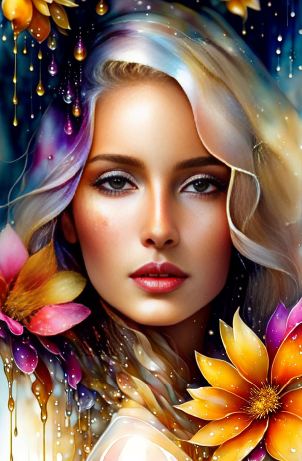 Woman with luminescent skin in cosmic digital art surrounded by vibrant flowers and sparkling droplets.