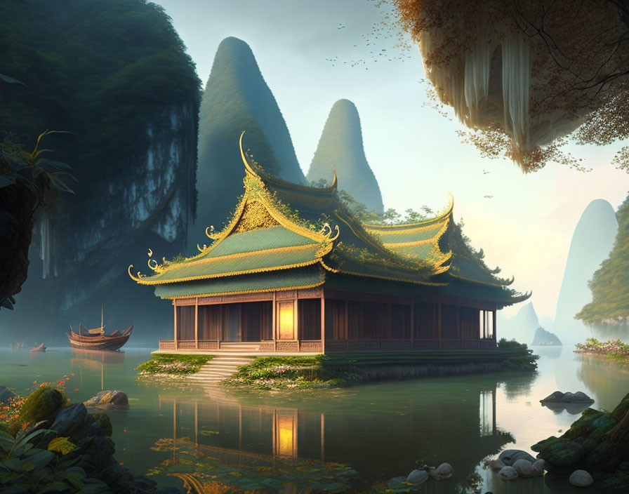 Asian-style pagoda by serene lake with misty mountains, boats, and hanging gardens