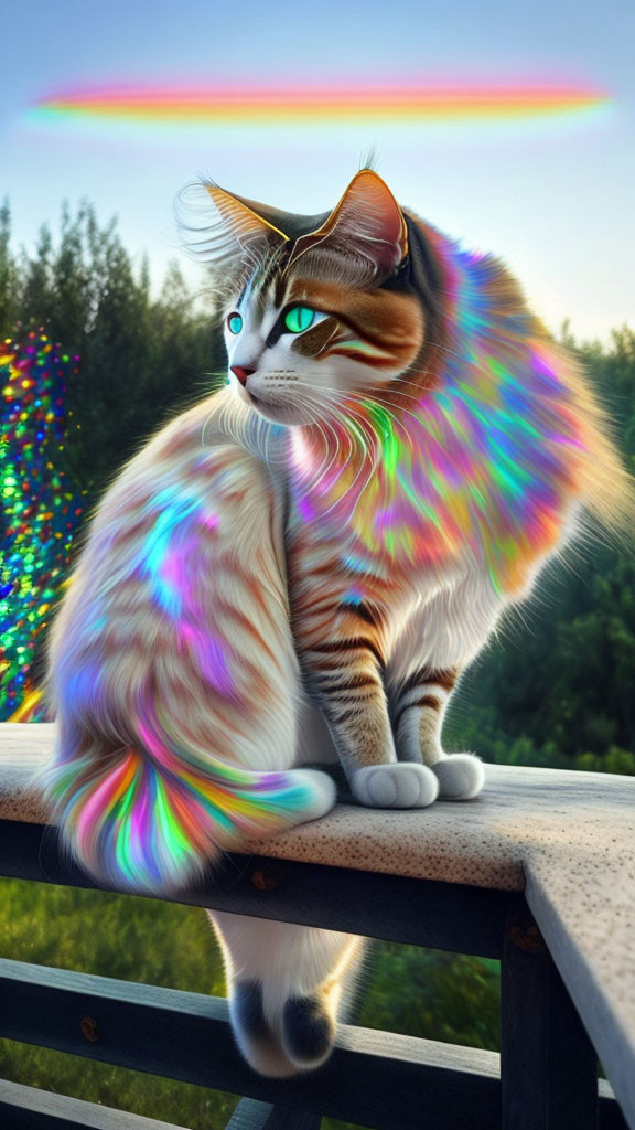 Colorful iridescent fur cat sitting on railing with rainbow sky