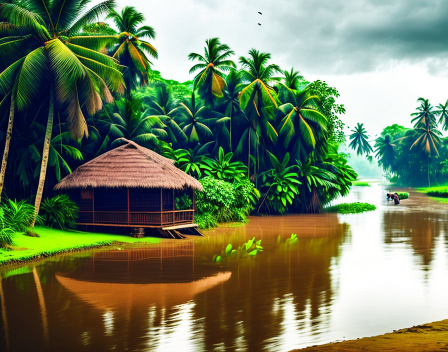 Tranquil river scene: Thatched hut, palm trees, boat, cloudy sky