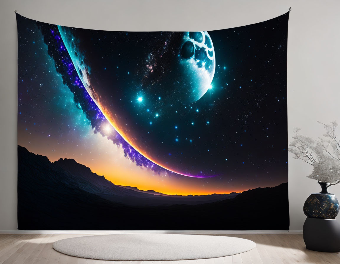 Cosmic wall tapestry with moon, stars, and nebula in room.