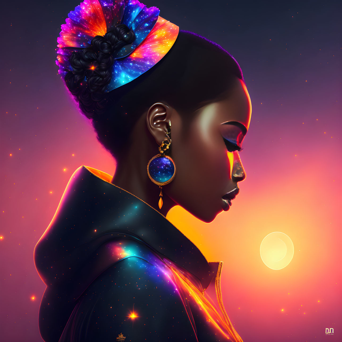 Woman with cosmic outfit and hairstyle in vibrant sunset setting