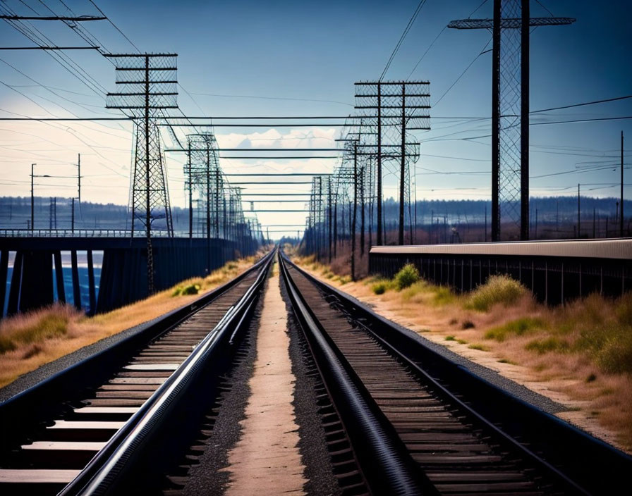 Symmetrical railroad tracks under electrical towers in rural landscape