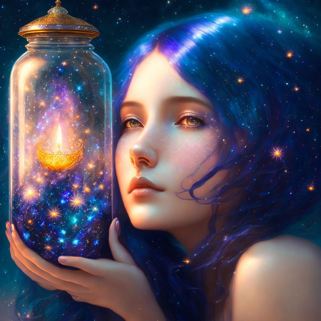 Woman with Luminescent Blue Hair Holding Jar of Glowing Cosmos