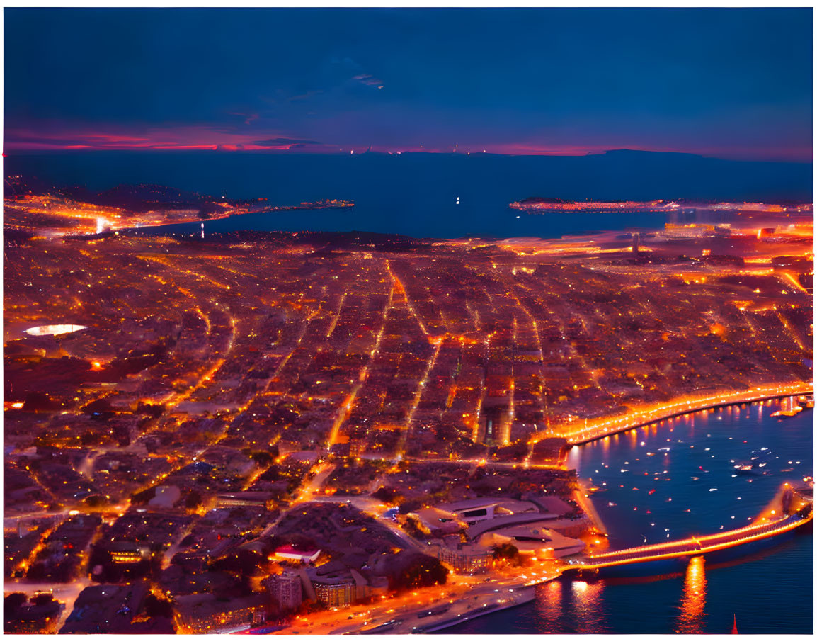 Cityscape at Dusk: Twinkling Lights, Lit Roads, Orange and Blue Sky