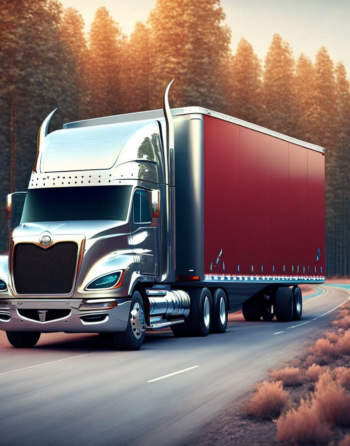 Silver semi-truck with red trailer on forest road at sunset