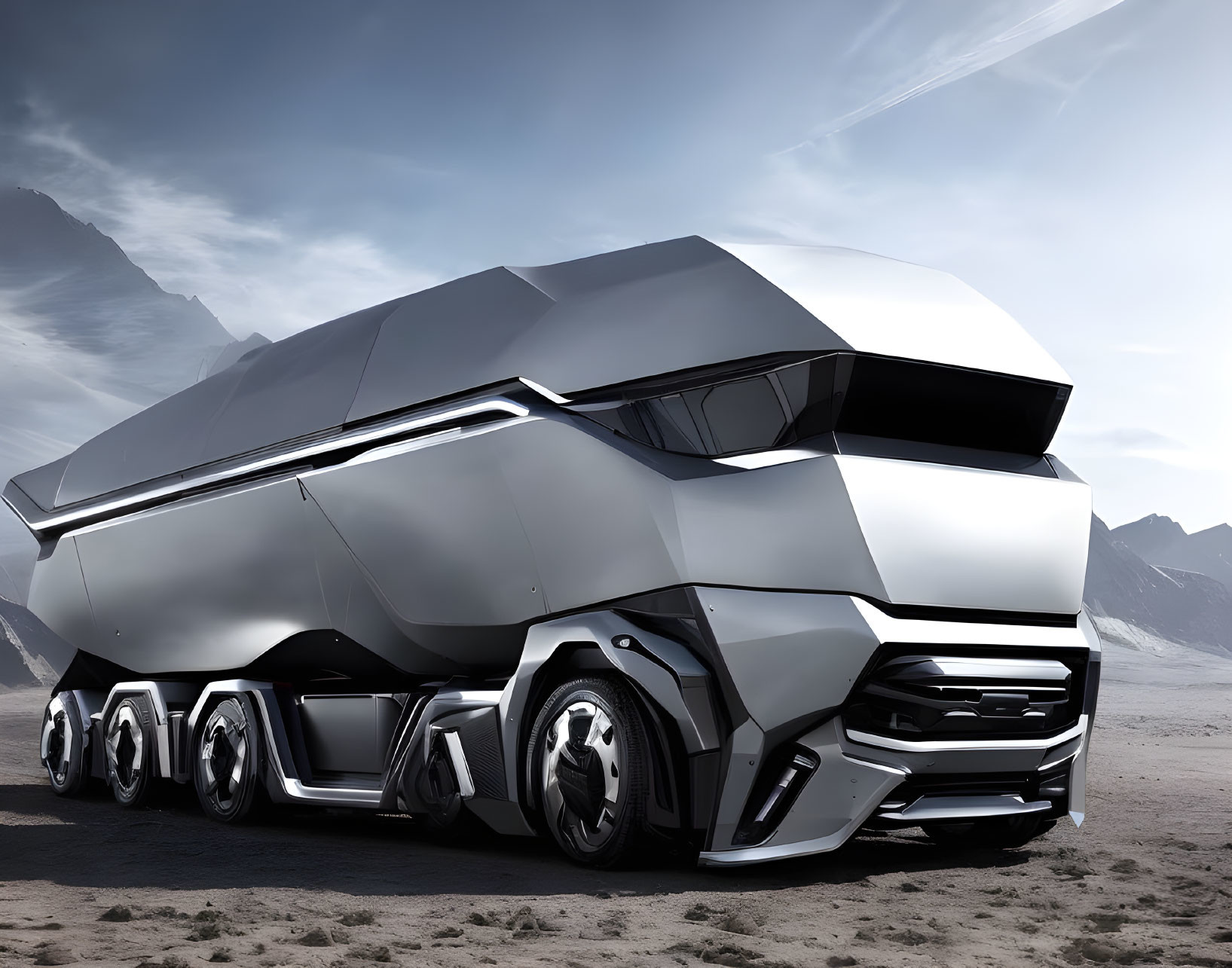 Sleek Silver Truck with Multiple Wheels in Barren Landscape