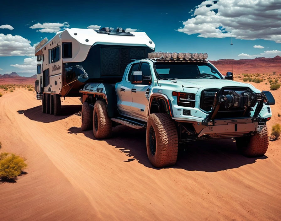 Off-road truck towing camper in dusty desert landscape