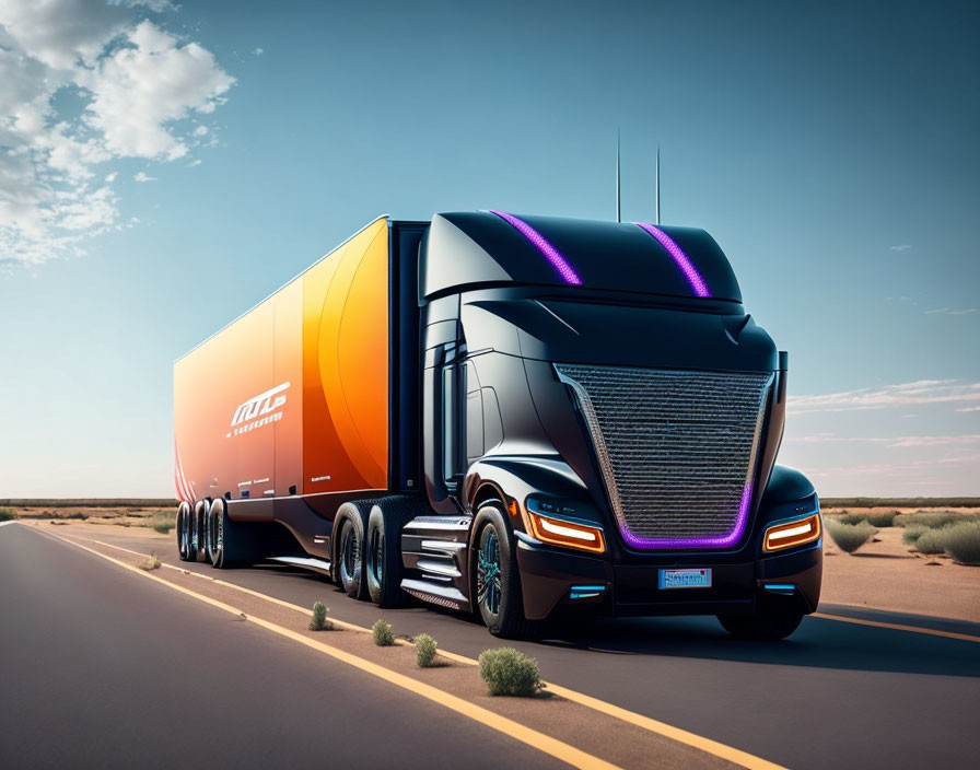 Futuristic black and blue semi-truck hauling an orange trailer on desert highway at dusk