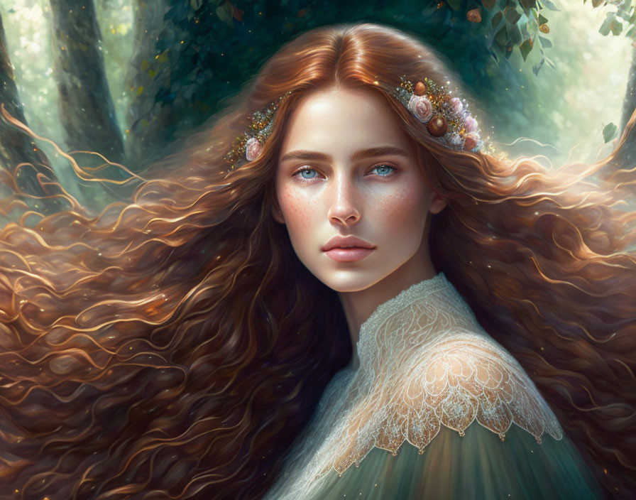 Digital artwork featuring woman with auburn hair and blue eyes in forest setting