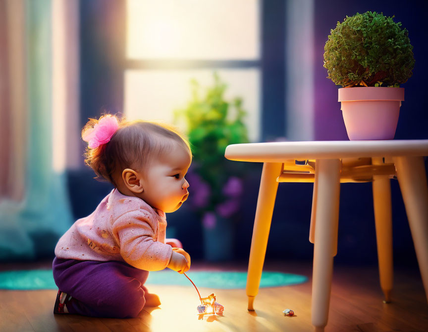 Baby with pink bow playing with toy in sunlight near potted plant by window