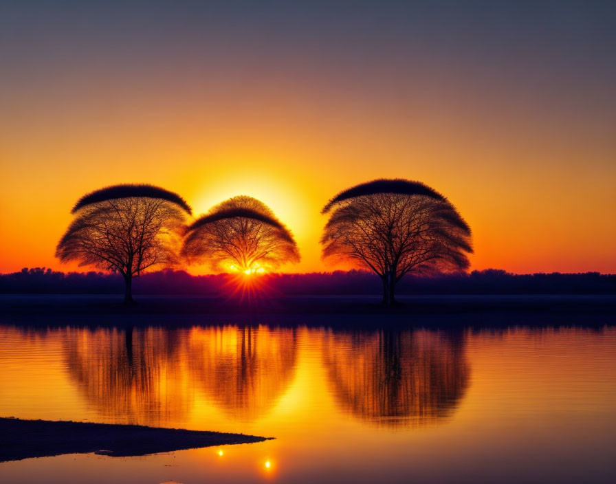 Vibrant orange sunset reflecting on water with silhouetted trees