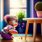 Baby with pink bow playing with toy in sunlight near potted plant by window