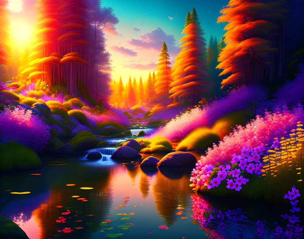 Colorful Forest with Stream, Flowering Trees, and Golden Sunset