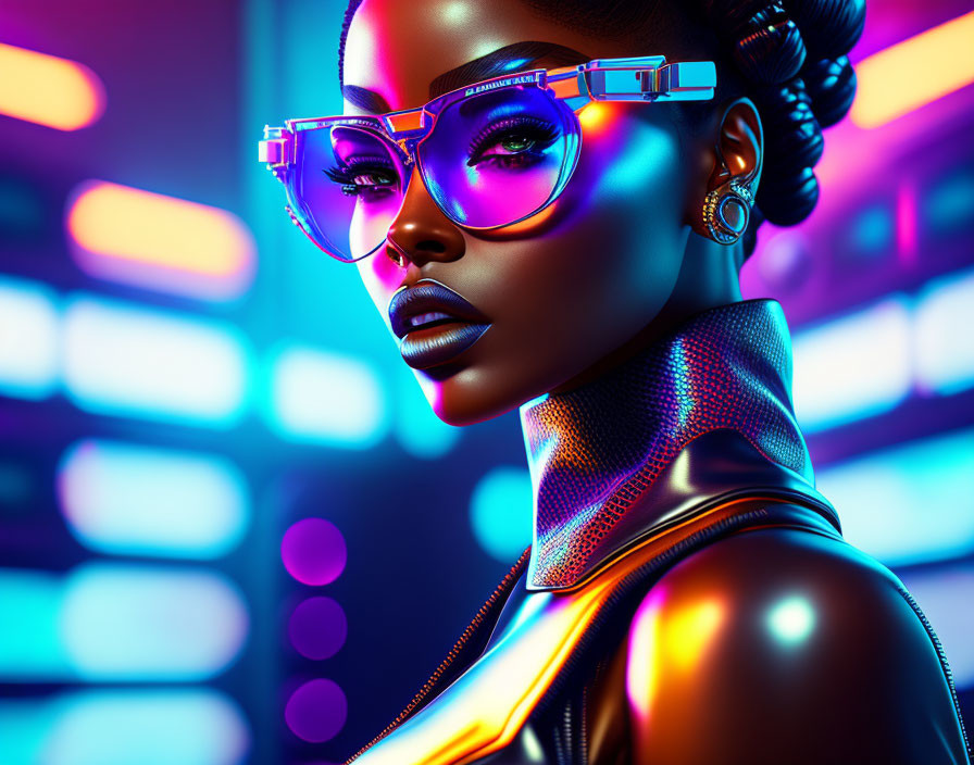 Neon makeup and futuristic glasses on woman in digital art